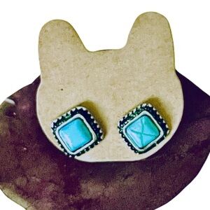 New Sterling Silver Blue Turquoise Boho Artisan Handmade Diamond Stud Earrings